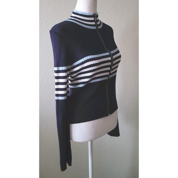 Cali‎ Be Full Zip Cardigan Sweater Women Medium Navy Blue Stripe Preppy Academia - Picture 6 of 13